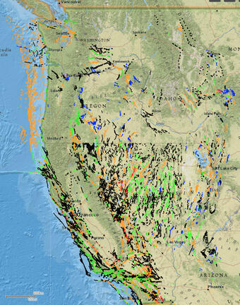 color relief map of the US West Coast with faults of different colors