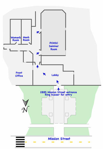 Illustrated map of the interior of a building to show the way to a conference room.