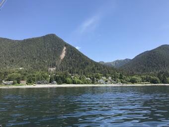 lake in foreground and mountains in background