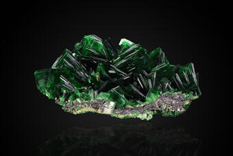Image shows a sample of torbernite against a black background