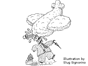 Drawing of a cloud falling on a person.
