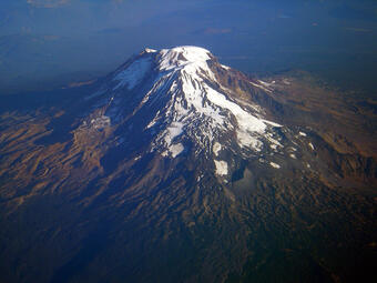 Mount Adams, aerial view from the south. The A.G. Aiken Lava Bed la...