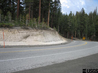 Road cut showing pumice deposit from Mammoth Mountain 80,000 year o...