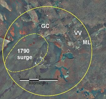 Satellite image, Kīlauea Volcano summit, Hawai‘i. Dashed line shows...