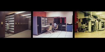 A trio of photos in a row with large equipment from the 1970s