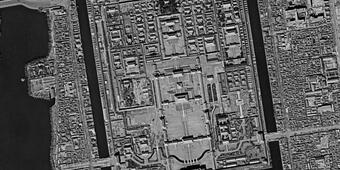 Black and white high resolution satellite image of the Forbidden City in Beijing, China