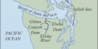 Simple map of ocean and land with labels to show location.