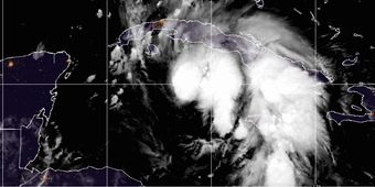 Image shows an animated looping gif of satellite imagery of Hurricane Ida as it moves through the Caribbean