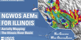 Video thumbnail reads: NGWOS AEMs for Illinois. Aerially Mapping The Illinois River Basin. Audio Description.