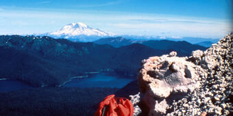 Spirit Lake and Mount Rainier viewed from Sugar Bowl in 1974, Mount...