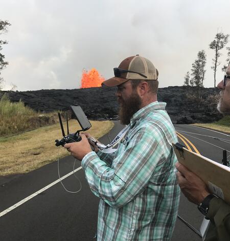 USGS researchers flying a UAS at the 2018 eruption of the Kilauea Volcano
