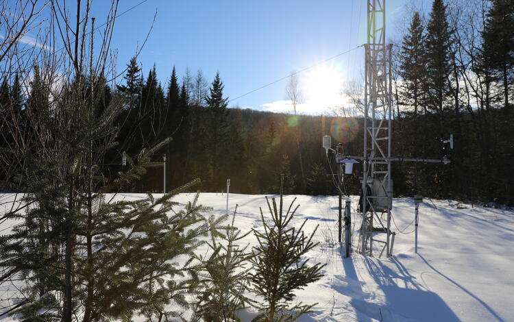Snow monitoring equipment in a snowy field.