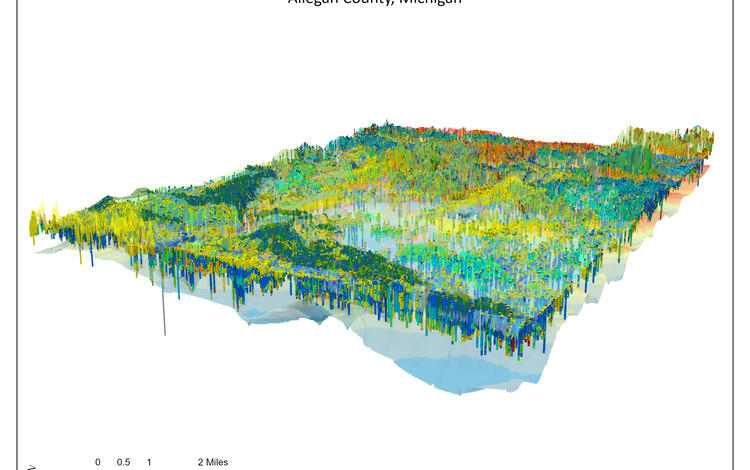 Image shows a 3D computer rendering of subsurface geology in different colors.