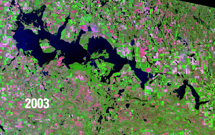 Satellite image showing water bodies in deep blue, green vegetation and pink barren areas