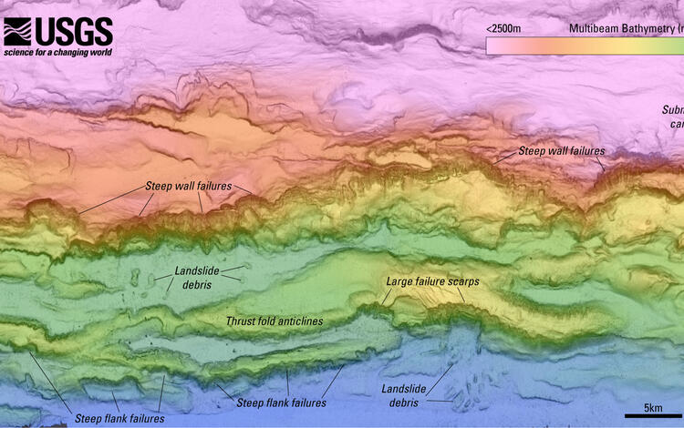 Detailed map showing seafloor features such as submarine canyons and slope failures offshore Kodiak Island, Alaska
