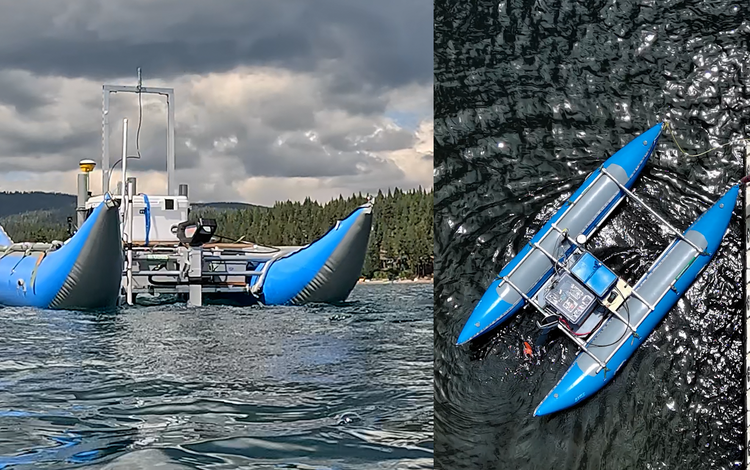 Photos of the autonomous MAPCAT cataraft being tested on a lake