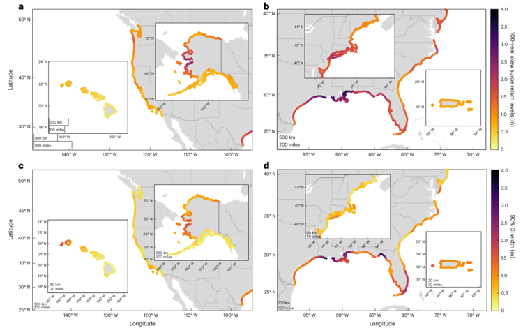 Predictions of 100-year storm surge return levels and associated 90% credible interval widths for the entire US coastline