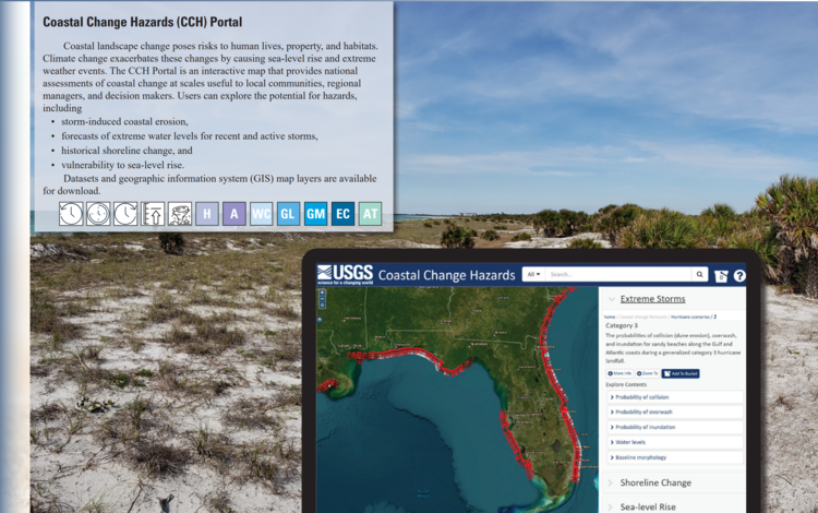 Coastal Change Hazards Portal page, includes text on product and screenshot of portal interface. Background is sandy beach.
