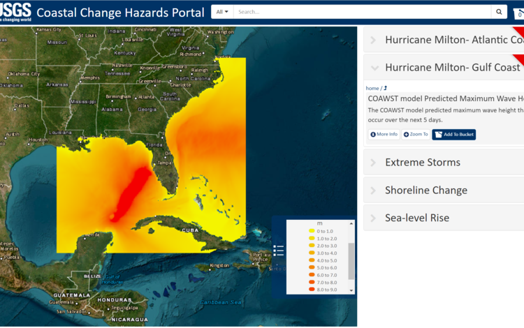Map showing mostly yellow in Gulf and Atlantic coast with significant red stripe