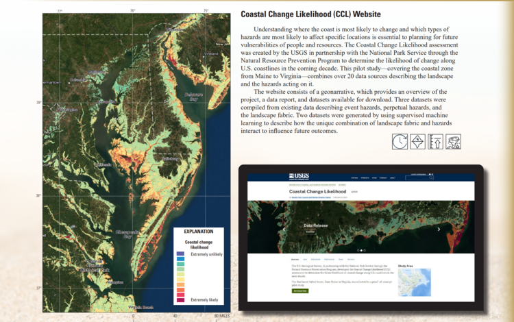 Coastal Change Likelihood website page, includes text on page and products, image of web page, and map