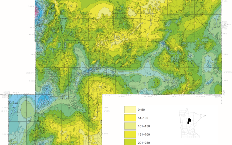 Map in colors ranging from yellow to green to blue to pink depicting increasing depth to bedrock within Cass County, Minnesota.