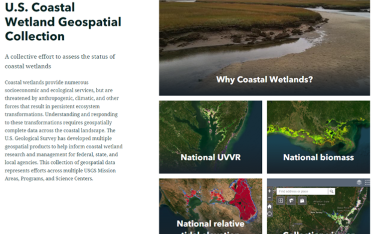 USGS logo, U.S. Coastal Wetland Geospatial Collection title and intro text on left. Links to interactive maps on the right