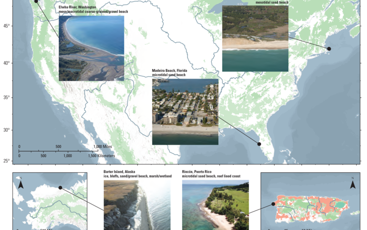 Maps of five study sites spread across the conterminous United States, Alaska, and the Island of Puerto Rico
