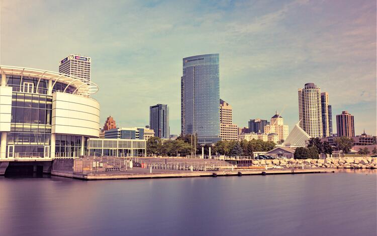 View of downtown Milwaukee, WI, taken from the Discovery World museum.