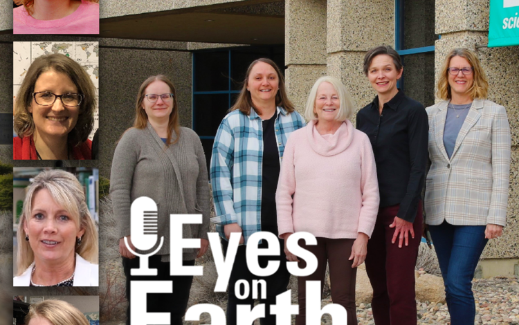 Photo of five women outside a building, with four mugshots and a little text laid on top of the photo