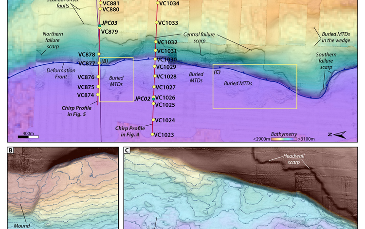 Enlargements of 1-m AUV bathymetry overlain on 30-m bathymetry grid for the study area along the Cascadia Subduction Zone