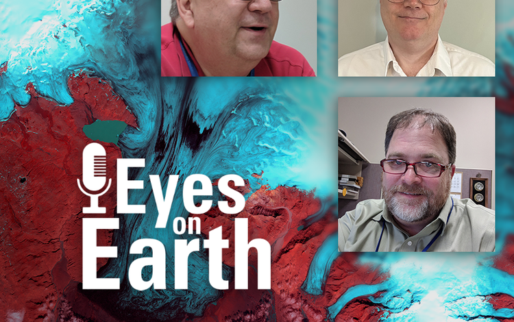 Logo with colorful satellite image background and three men's mugshots on top