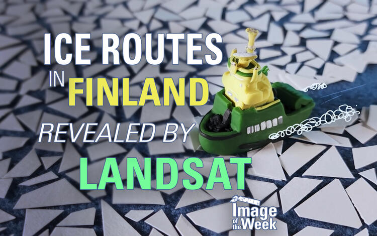 Image of the Week: Ice Routes in Finland Revealed by Landsat A model of a ship on blue background strewn with small, flat white shapes and text