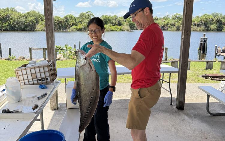 two people stand near water as they prepare to preserve a large clown knifefish in a large blue jug that sits nearby