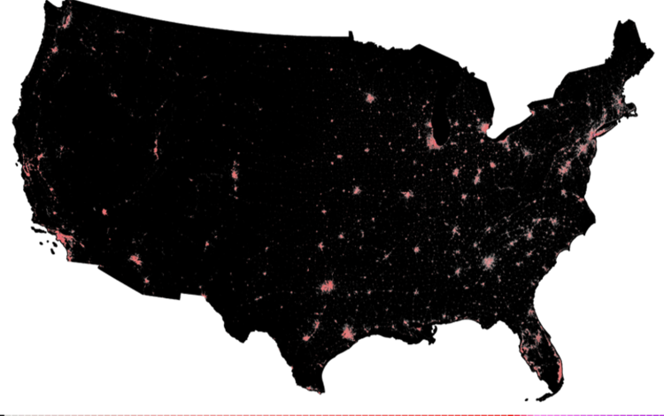A map of the United States in black with some reddish splotches 