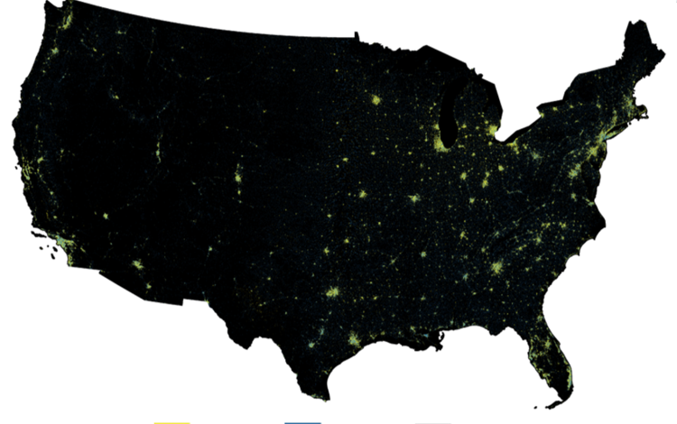 A black map of the United States with greenish splotches all over it