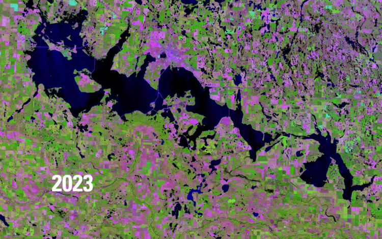 Satellite image showing water bodies in deep blue, green vegetation and pink barren areas