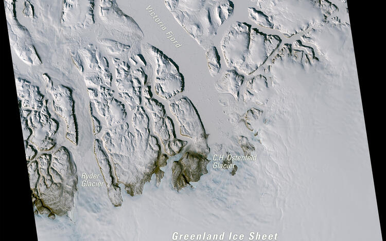 Satellite image of northern Greenland showing Ryder Glacier, C.H. Ostenfeld Glacier, Victoria Fjord, and Greenland Ice Sheet