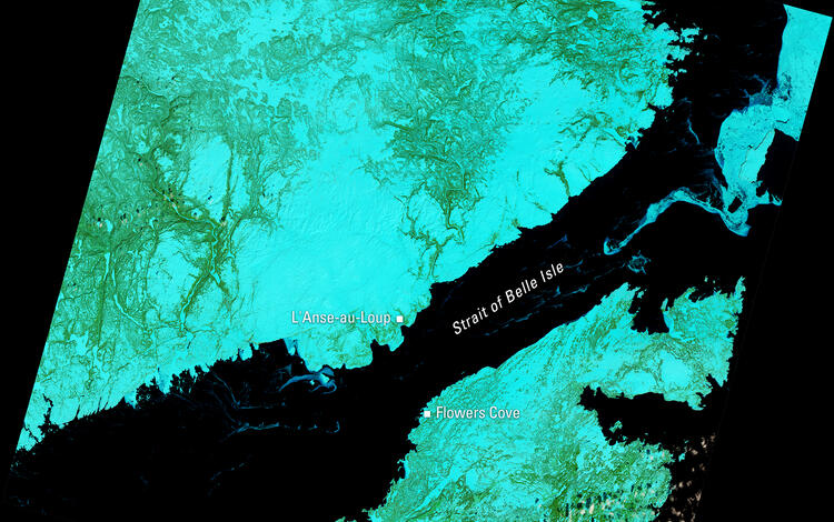 Satellite image of the Strait of Belle Isle showing L’Anse-au-Loup and Flowers Cove
