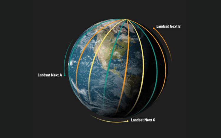 Thumbnail image of Landsat Next, showing three satellites in orbit