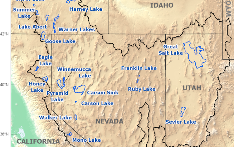 A map of the Great Basin with saline lakes labeled