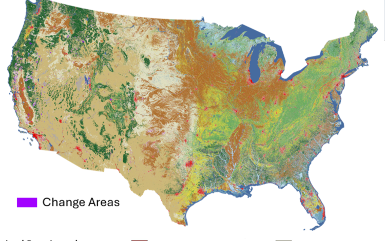 Map of the United States with a variety of colors, including shades of brown, blue, green and red