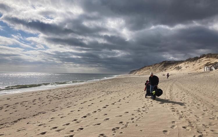 Sandy beach, ocean, sky covered by dark clouds, and person pulling equipment on the sand