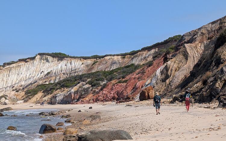 cliff backed sandy beach with two people walking on the sand