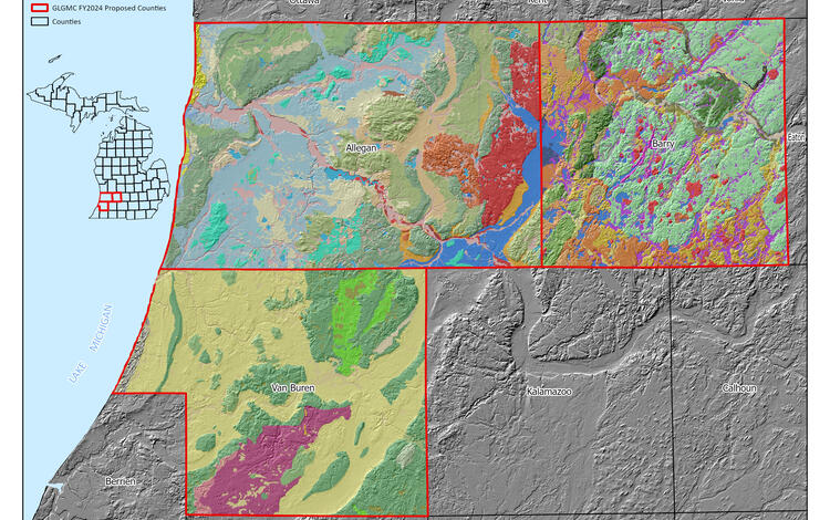 Map showing the existing surficial geologic maps of Allegan, Barry and Van Buren Counties in Michigan overlain on a map of Michigan with the remainder of the visible map area in greyscale.