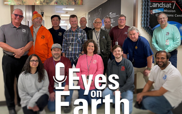 Thumbnail image for Eyes on Earth Episode 127 – The Historic Landsat 7 Mission, showing photos of several EROS employees
