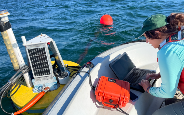 A woman types on her laptop on a boat next to a floating buoy.