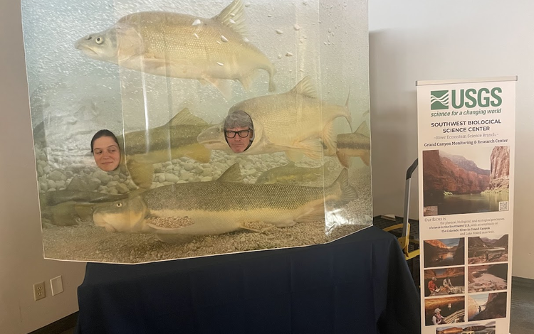 Two USGS scientists smile through a playful humpback chub cutout display