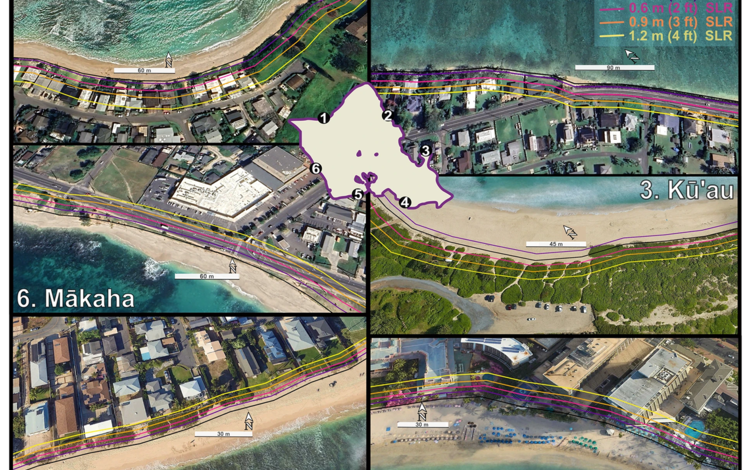 Diagram showing six example sites around Oahu under different SLR scenarios