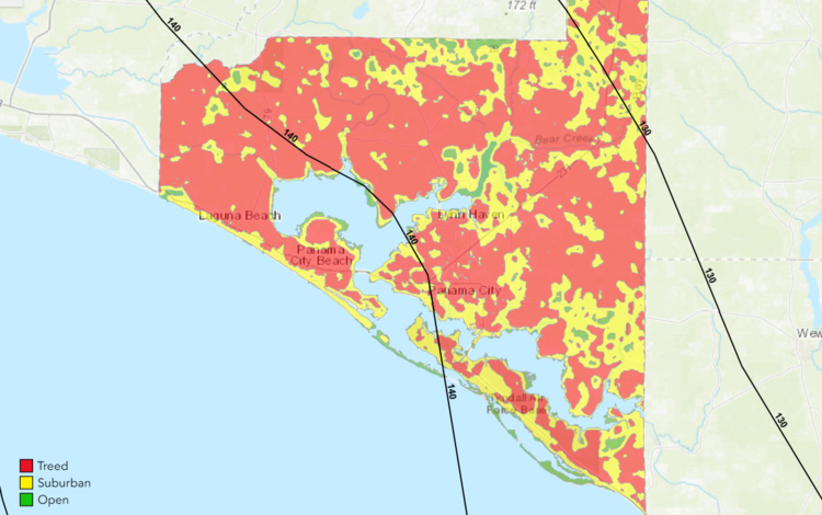 A coastline map with topography in the background and a portion of it in red, green and yellow