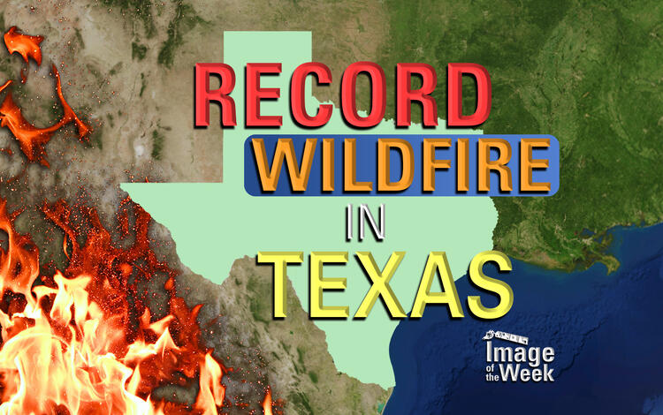 Record Wildfire in Texas (Image of the Week) An illustration of flames, satellite land surface, an outline of Texas and a title